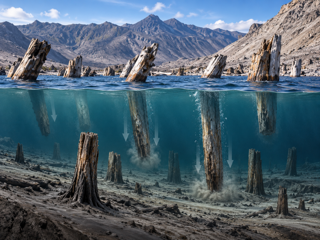 AI image of logs falling upright to bottom of lake.