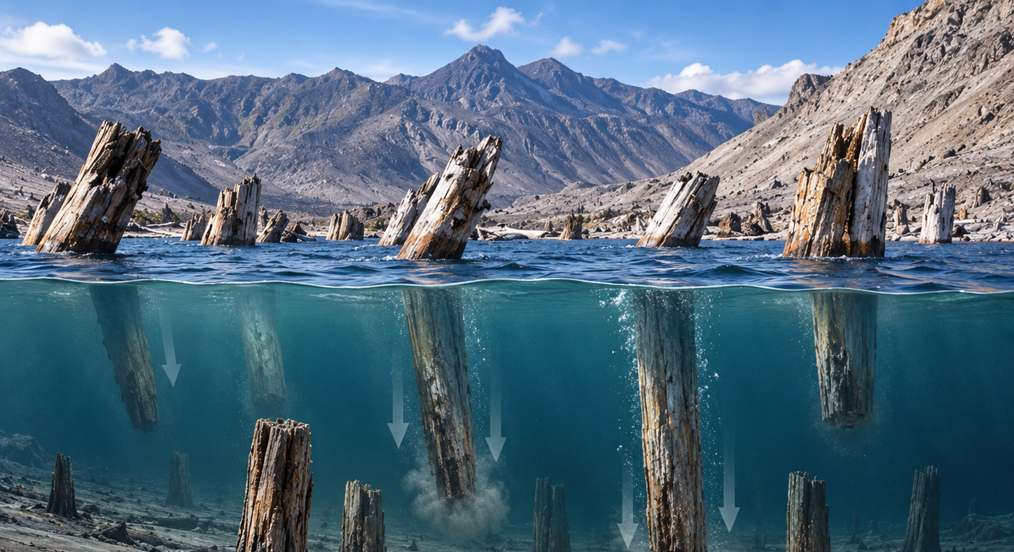 AI image of logs falling upright to bottom of lake.